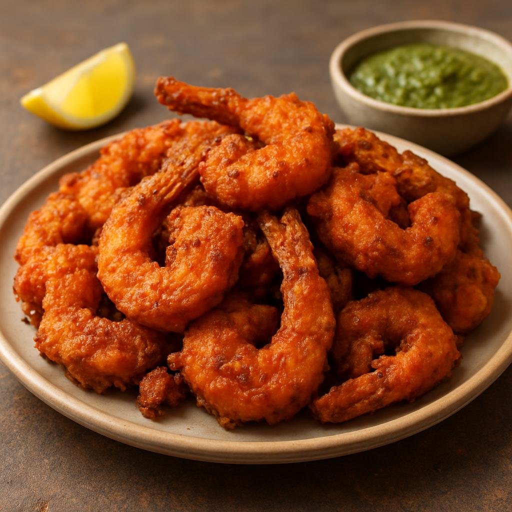 Entree: India – Mumbai & Konkan – कोलीवाडा झिंगा ➤ Koliwada Jhinga (Deep-fried spiced prawn fritters in a crispy Konkan-style batter) recipe