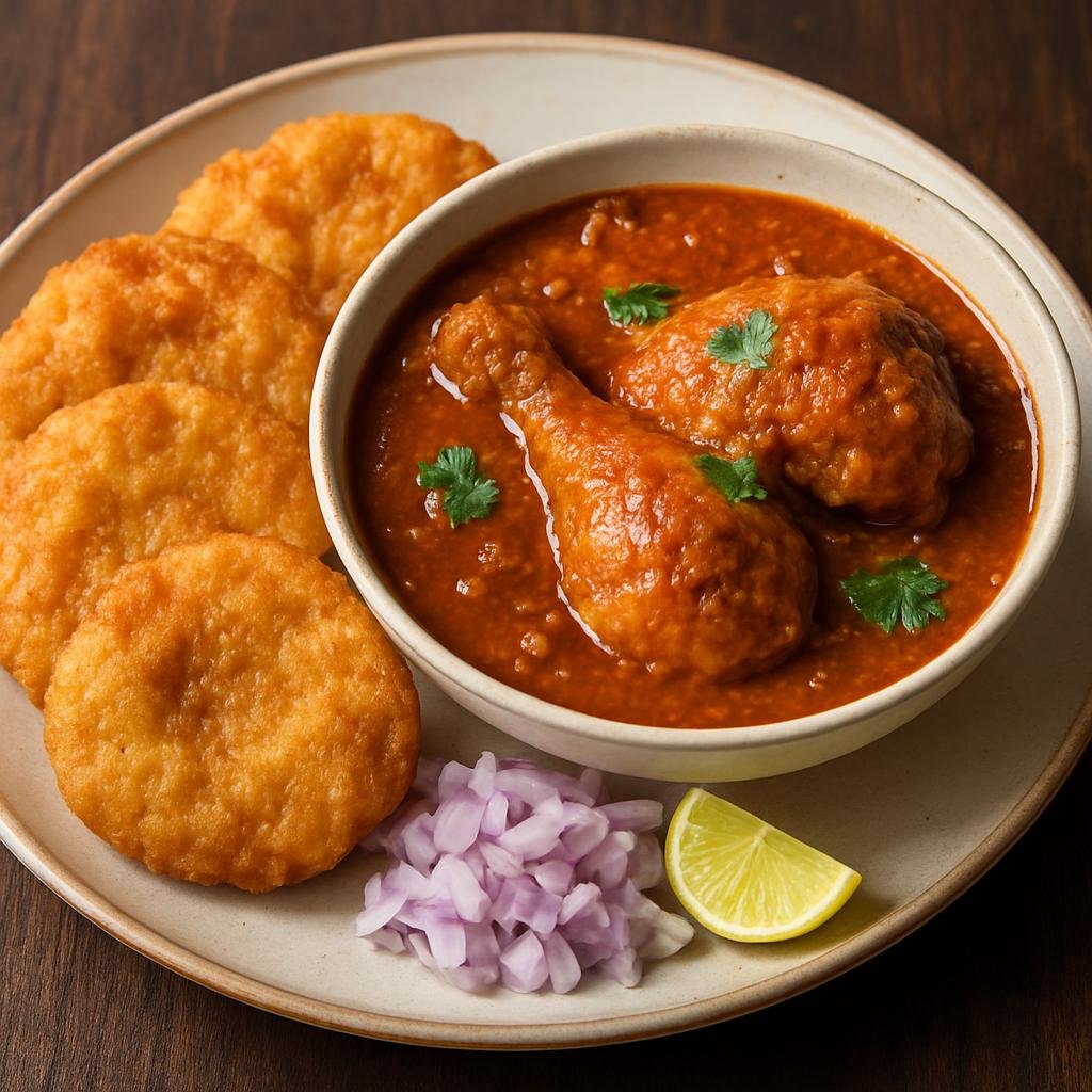 Entree: India – Mumbai & Konkan – कोंबडी वडे ➤ Kombdī Vaḍe (Spicy coastal Maharashtrian chicken curry served with crispy deep-fried rice and gram-flour flatbreads) recipe