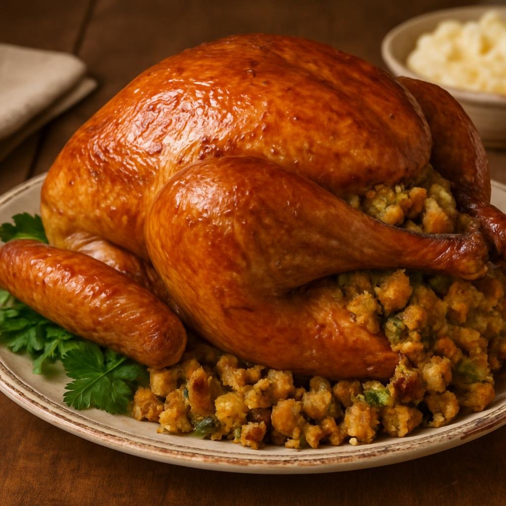 Entree: United States – Pennsylvania Dutch Country – Roast Turkey with Filling (Roast turkey filled with a Pennsylvania Dutch-style bread-and-herb stuffing) recipe