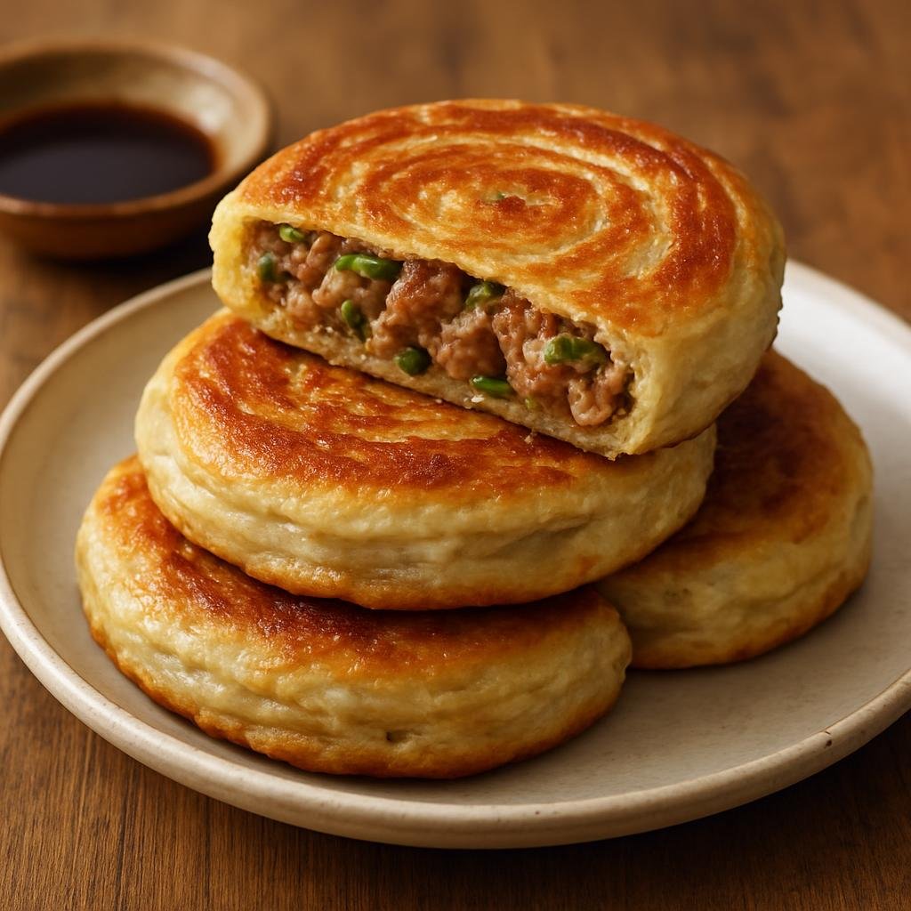 Entree: China – Tianjin – 天津手抓饼 ➤ Tianjin Shou Zhua Bing (A layered, pan-fried stuffed flatbread filled with savory seasoned pork and scallions) recipe