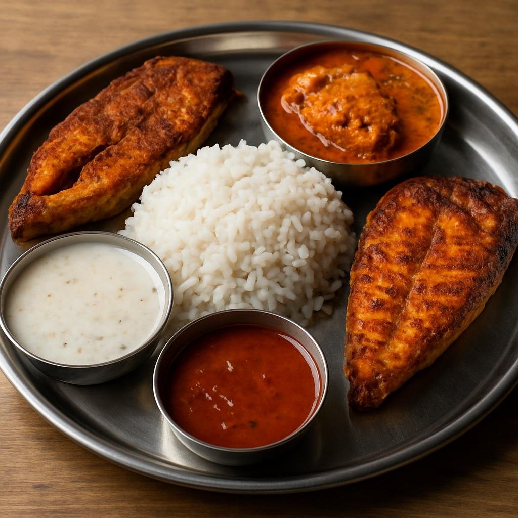Entree: India – Mumbai & Konkan – फिश थाळी ➤ Fish Thali (Assorted Konkan-style seafood platter featuring curried and fried fish with steamed rice and coconut-kokum accompaniments) recipe