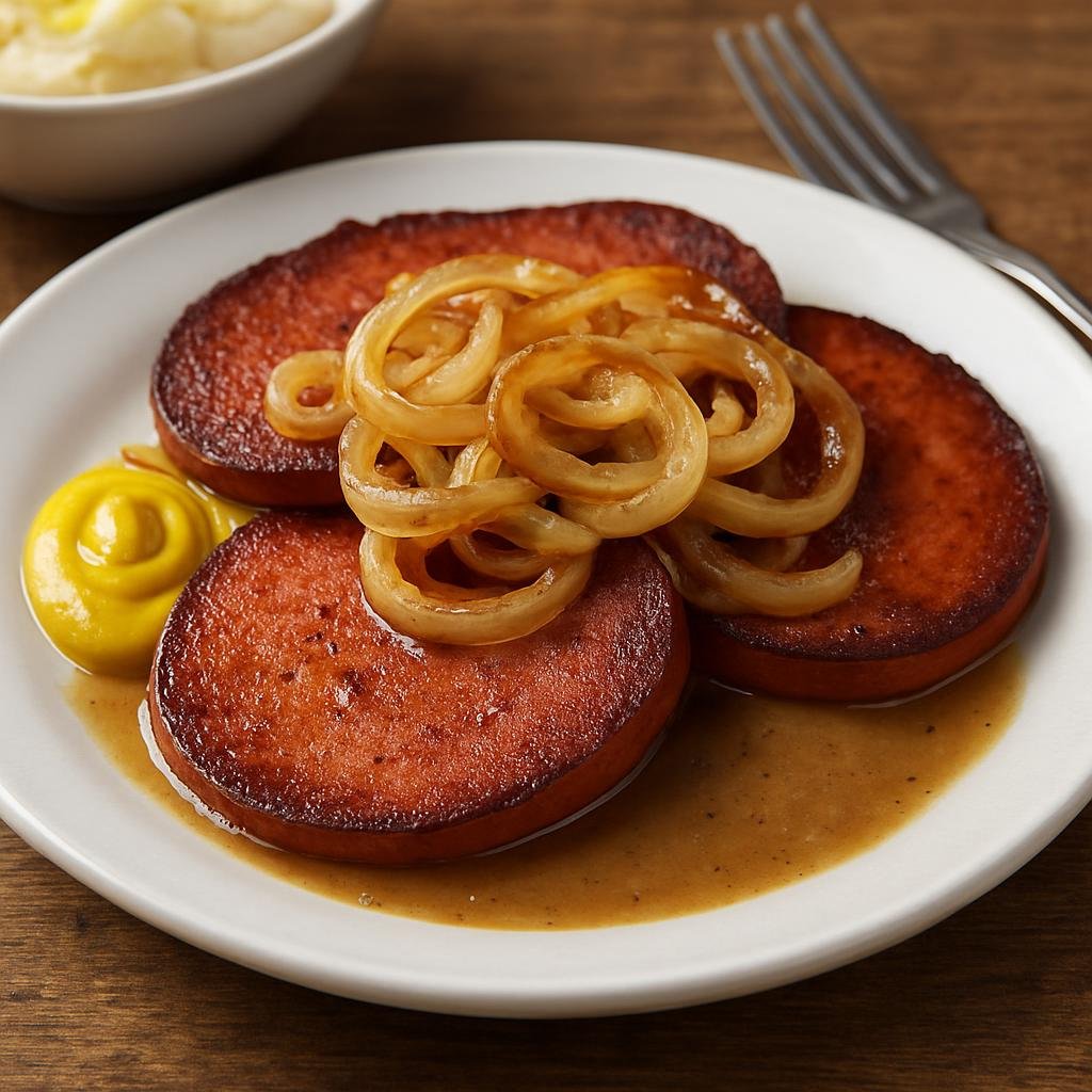 Entree: United States – Pennsylvania Dutch Country – Fried Bologna (Pan-fried bologna slices crisped at the edges and often served hot with onions, mustard and pan gravy) recipe