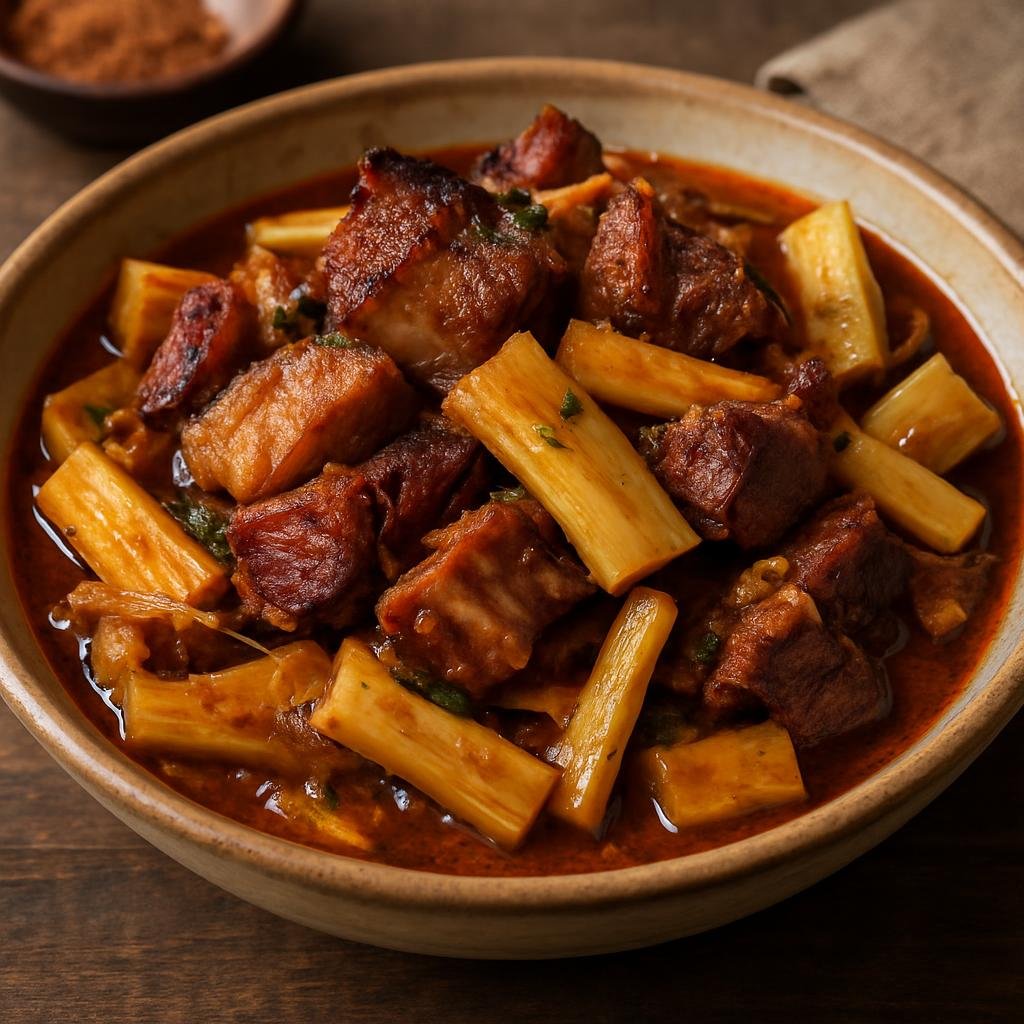 Entree: India – Northeast Hills – Smoked Pork with Bamboo Shoot (Northeastern Indian smoked pork braised with fresh or fermented bamboo shoots and local spices) recipe