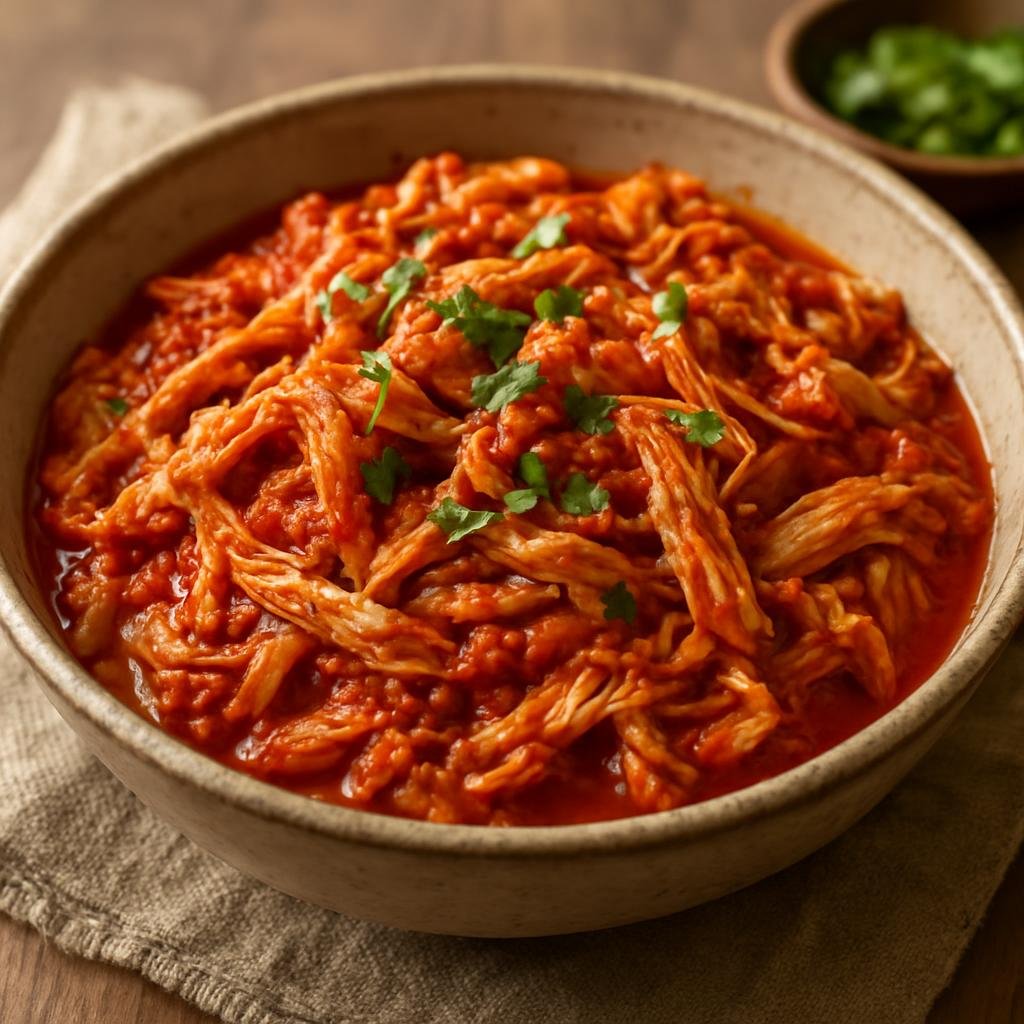 Entree: United States – Tex-Mex Borderlands – Chicken Tinga (Shredded chicken simmered in a smoky, slightly spicy chipotle-tomato sauce, used as a filling for tacos, tostadas, or sandwiches) recipe