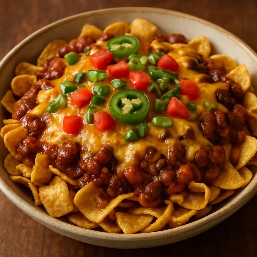 Entree: United States – Texas – Frito Pie (A hearty Texan dish of chili layered over corn chips and finished with melted cheese and fresh toppings) recipe