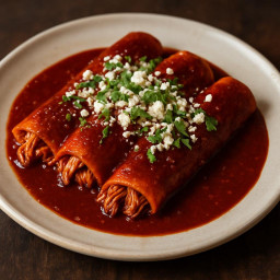 Entree: Mexico – Enchiladas Rojas de Pollo (Ancho-Guajillo Sauce) (Red chicken enchiladas with ancho-guajillo sauce) recipe
