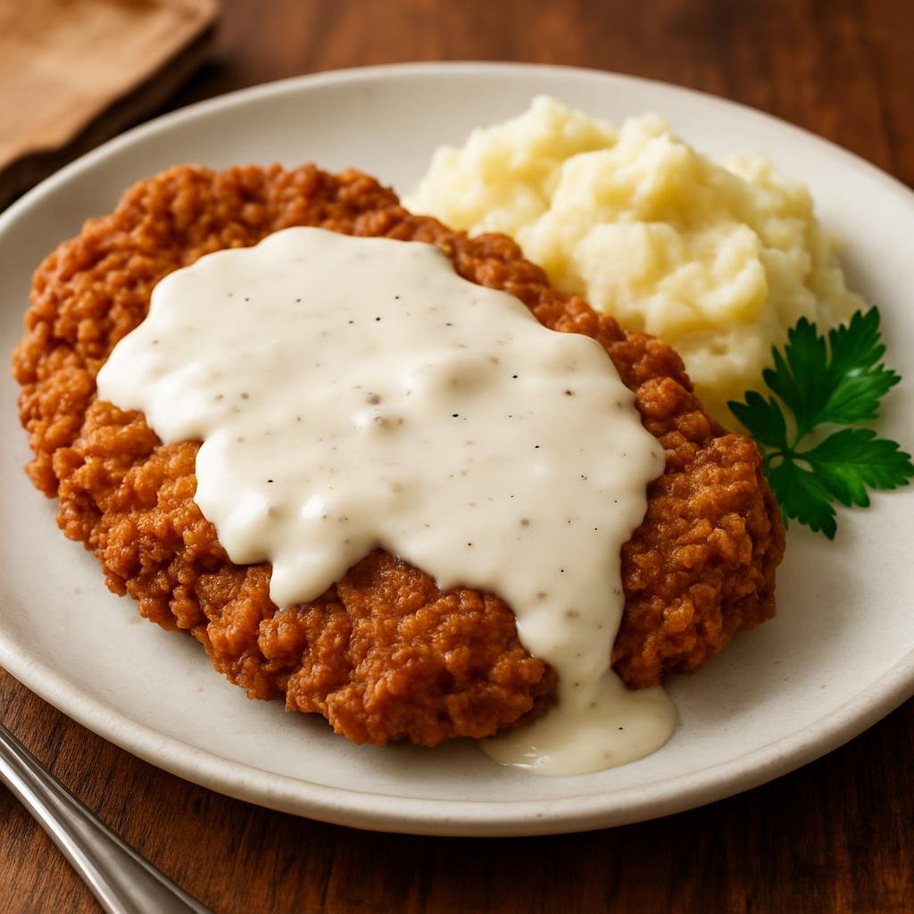Entree: United States – Southern United States – Chicken Fried Steak (Tenderized beef cutlets breaded and pan-fried, served with creamy country-style white gravy) recipe