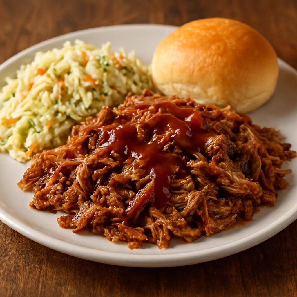 Entree: United States – Southern United States – Pulled Pork Plate (Slow-cooked shredded pork shoulder served with tangy barbecue sauce and classic Southern slaw) recipe