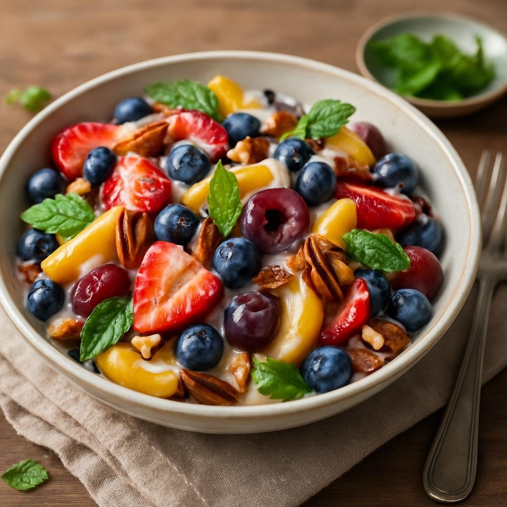 Entree: United States – Southern United States – Seasonal Fruit Salad (A bowl of fresh Southern summer fruits tossed in a honey-lime yogurt dressing with toasted pecans and mint) recipe