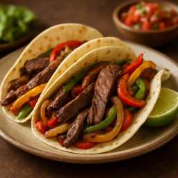 Entree: United States – Texas – Steak Fajitas (Tex‑Mex Fajitas) (Grilled or seared sliced marinated steak served with sautéed peppers and onions in warm tortillas) recipe