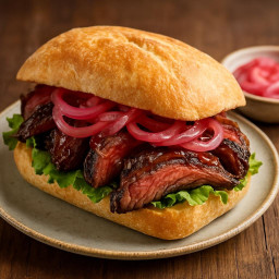 Entree: United States – Texas – Barbecue Hanger Steak Sandwich with Quick-Pickled Onions recipe