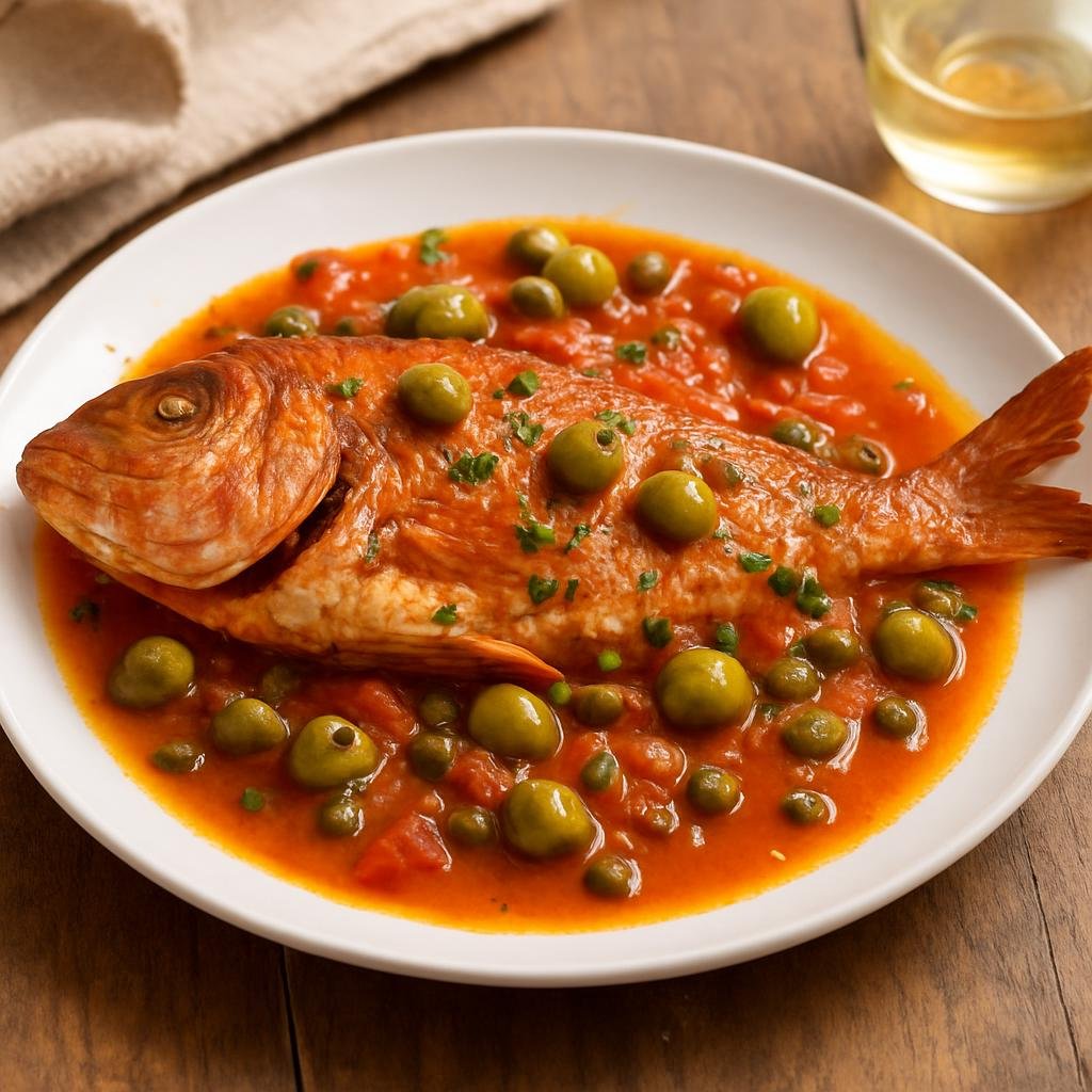 Entree: Mexico – Tamaulipas, Gulf Coast Mexico – Huachinango a la Veracruzana (Red Snapper Veracruz-style) recipe