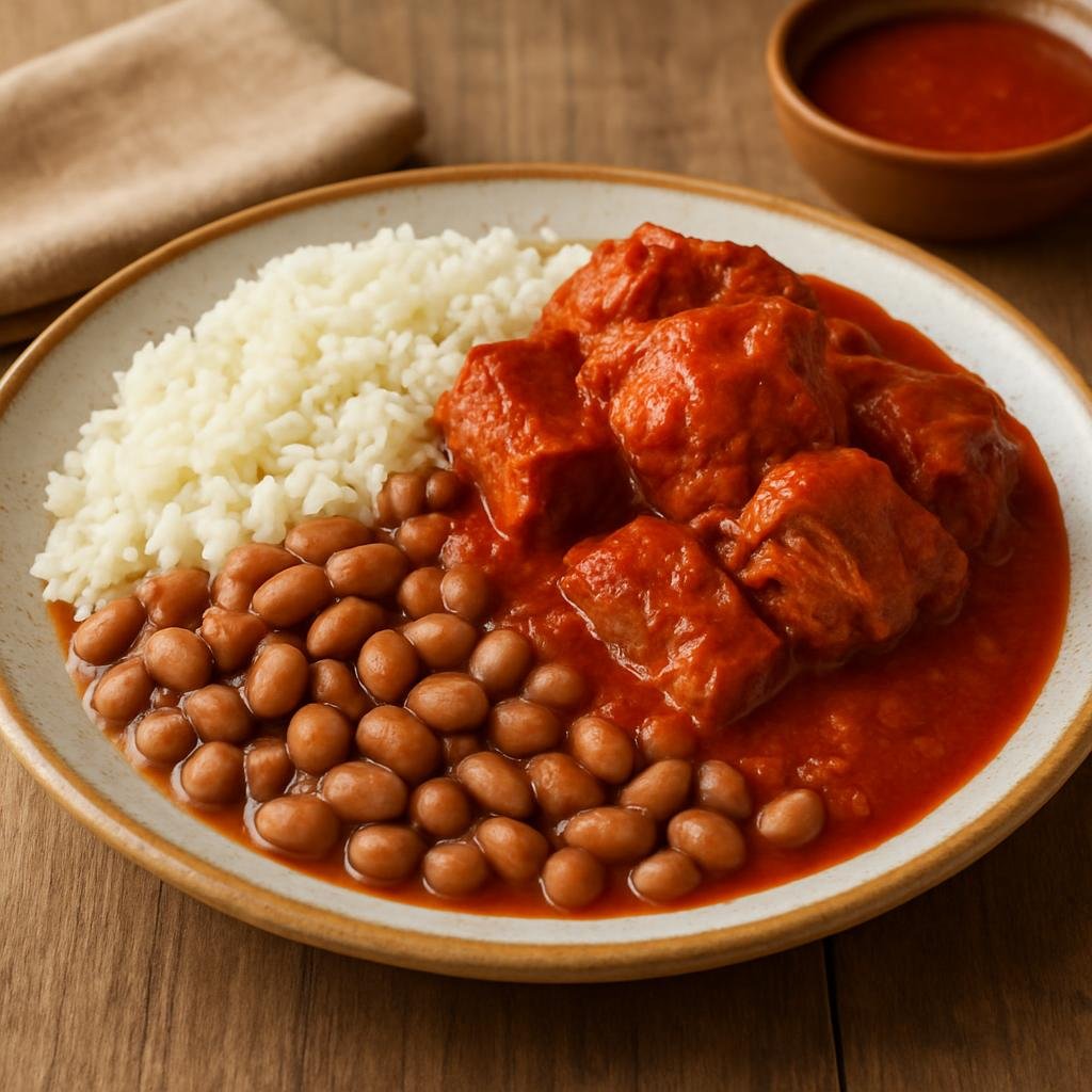 Entree: Mexico – Michoacan – Morisqueta (Rice and Beans with Spicy Tomato Sauce and Pork) recipe