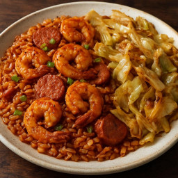Entree: United States – Louisiana – Cajun Shrimp and Andouille Jambalaya with Fried Cabbage recipe
