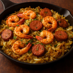 Entree: United States – Southern United States – Skillet Shrimp and Sausage over Southern Fried Cabbage recipe