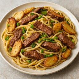 Entree: United States (Italian-American) – Garlic Sirloin Linguine with Sautéed Fingerling Potatoes and Green Onions recipe