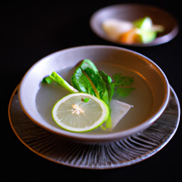 Soup: Japan – 柑橘と生姜の出汁 青梗菜とえのき ▶ Kankitsu to Shōga No Dashi Chingensai to Enoki (Citrus-Ginger Dashi with Bok Choy and Enoki) recipe
