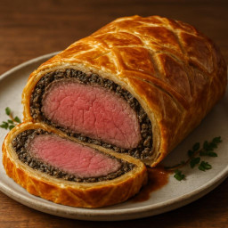 Entree: United Kingdom – England – Beef Wellington (Beef tenderloin wrapped in duxelles, pâté, and puff pastry) recipe