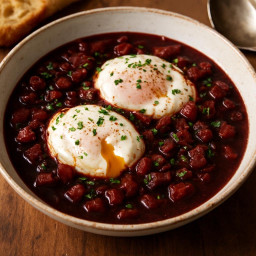 Entree: France – Burgundy – Oeufs en meurette (Poached eggs in red wine and bacon sauce) recipe