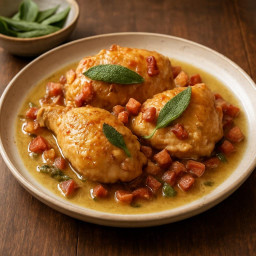 Entree: Italy – Lombardy – Pollo alla Lombarda (Lombardy-style braised chicken with pancetta, white wine, and sage) recipe