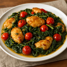 Entree: Italy – Southern Italy – Pollo con Cicoria e Pomodorini (Chicken with Dandelion Greens and Cherry Tomatoes) (Chicken with dandelion greens and cherry tomatoes) recipe