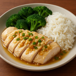 Entree: China – Guangdong – 蒜蓉蒸鸡胸配西兰花与茉莉香米 ➤ Suàn róng zhēng jī xiōng pèi xī lán huā yǔ mò lì xiāng mǐ (Steamed garlic chicken breast with broccoli and jasmine rice) recipe