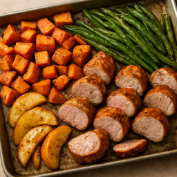 Entree: United States – Southern United States – Sheet-Pan Pork, Sweet Potato and Green Bean Roast with Mustarded Apples recipe