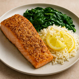 Entree: France – Broiled Dijon-Crusted Salmon with Citrus Jasmine Rice and Spinach recipe