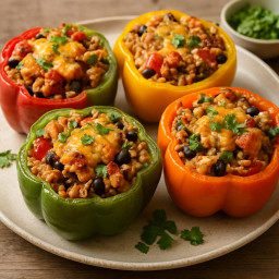 Entree: United States – Southwestern United States (Tex-Mex influence) – Mexican-Style Stuffed Bell Peppers with Chicken and Brown Rice recipe
