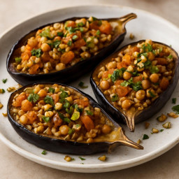 Entree: Turkey – Turkish-Style Stuffed Eggplant with Apricot, Pistachio and Chickpea Pilaf recipe