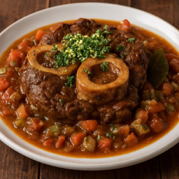 Entree: Italy – Lombardy – Ossobuco di manzo (Braised cross-cut beef shanks with vegetables and gremolata) recipe