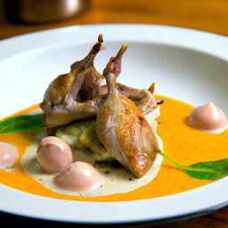 Entrée: France – Caille Sautée (Pan-Seared Quail with Porcini Cream Sauce and Apricot Compote) recipe