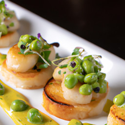 Appetizer: United States – Seared Sea Scallops on Pea Puree Toasted Baguette Slices recipe