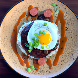 Entrée: United States – Spam Rice with Hamburger Patty, Egg, and Gravy recipe