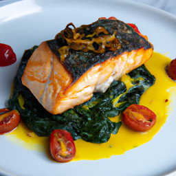 Entrée: United States – Baked Salmon with Tomato and Spinach Medley recipe