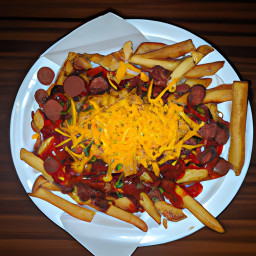 Entrée: United States – Chili Cheese Fries with Hot Dog Slices recipe