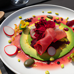 Entrée: Italy – Carpaccio di barbabietola con avocado e pomodorini (Beet Carpaccio with Avocado and Cherry Tomatoes) recipe