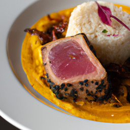 Entrée: United States – Pan-Seared Floridian Tuna Steak with Pepper Relish and Basmati Rice recipe