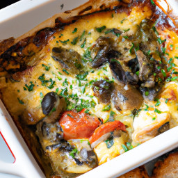 Entrée: United States – Savory Bread Strata with Oyster Mushrooms, Tomatoes, and Cheddar recipe