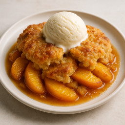 Dessert: United States – Southern United States – Warm Peach Cobbler with Vanilla Ice Cream