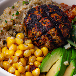 Entree: United States – California – Grilled Vegan Meatball Bowl with Quinoa, Avocado & Charred Corn recipe
