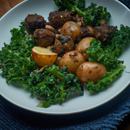 Entree: United States – California – Walnut-Mushroom Vegan Meatballs with Lemon-Garlic Kale and Roasted Fingerling Potatoes recipe