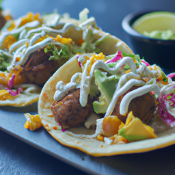 Entree: United States – California – Baja-Style Vegan Meatball Tacos with Citrus Slaw and Avocado Crema recipe