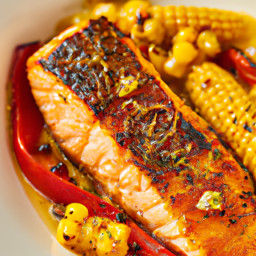 Entree: United States – Pacific Northwest – Pan-Roasted Salmon with Charred Corn and Red Pepper recipe