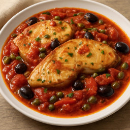 Entree: Italy – Sicily – Pesce Spada alla Siciliana (Sicilian-style swordfish with tomatoes, capers, and olives) recipe