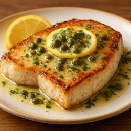 Entree: United States – Pan-Seared Swordfish with Lemon-Caper Butter (Pan-seared swordfish topped with lemon-caper butter) recipe