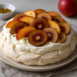 Dessert: New Zealand – Pavlova with Nectarines and Red Kiwi (Crisp meringue shell topped with whipped cream and fresh nectarines and red kiwi) recipe