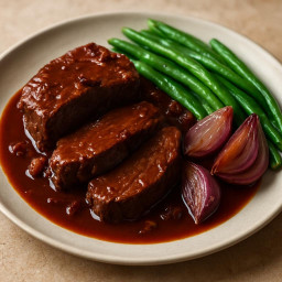 Entree: Italy – Piedmont – Brasato al Barolo (Italian Red-Wine Braised Beef) with Blanched Green Beans and Red Onions (Braised beef in Barolo wine) recipe