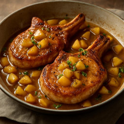 Entree: United States – Pan-Seared Bone-In Pork Chops with Apple Pan Sauce recipe
