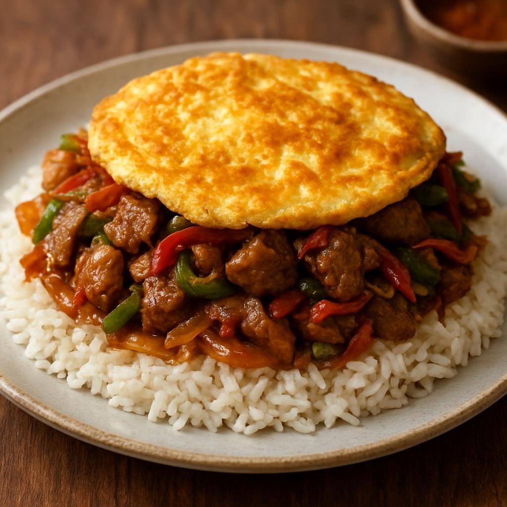 Entree: Mauritius – Southern Culinary Region – Bol Renversé (Rice topped with stir-fried meat and vegetables then inverted and finished with an omelette or fried egg) recipe